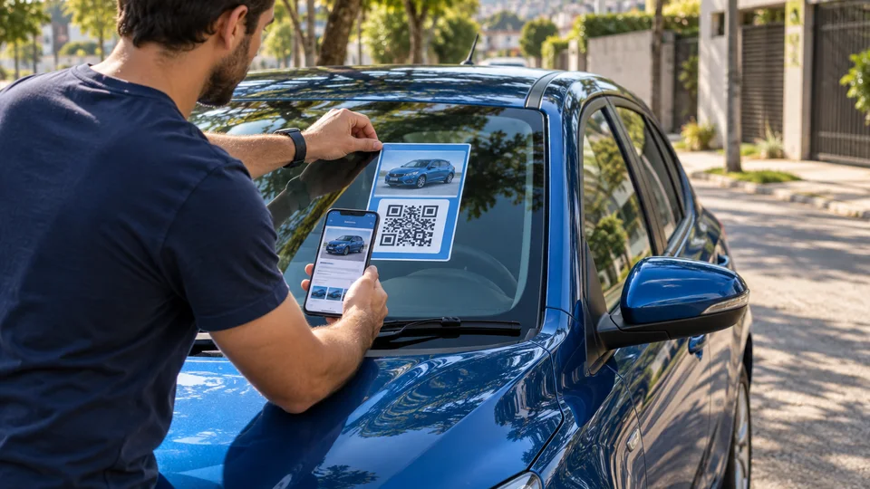 Pessoa colocando no para-brisa uma placa de venda com QR Code
